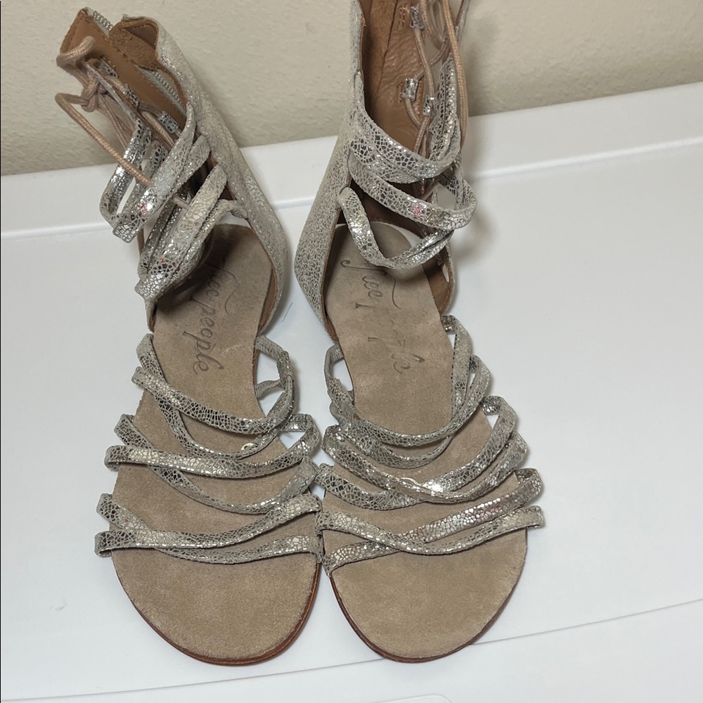 Free People Strappy Silver Gladiator Sandals for Women - Metallic Lace Textured